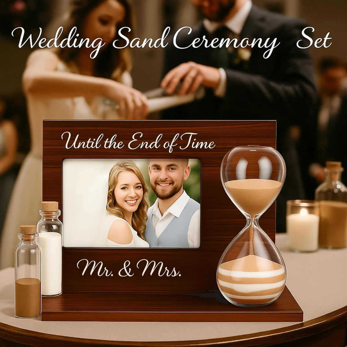 Blosssound Wedding Sand Ceremony Set Wooden Photo Frame, Hourglass Funnel, Sand, Glass Bottles, Mr