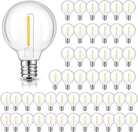 50 Pack G40 LED Replacement Bulbs for Outdoor String Lights, Dimmable, Warm White, E12 Screw Base