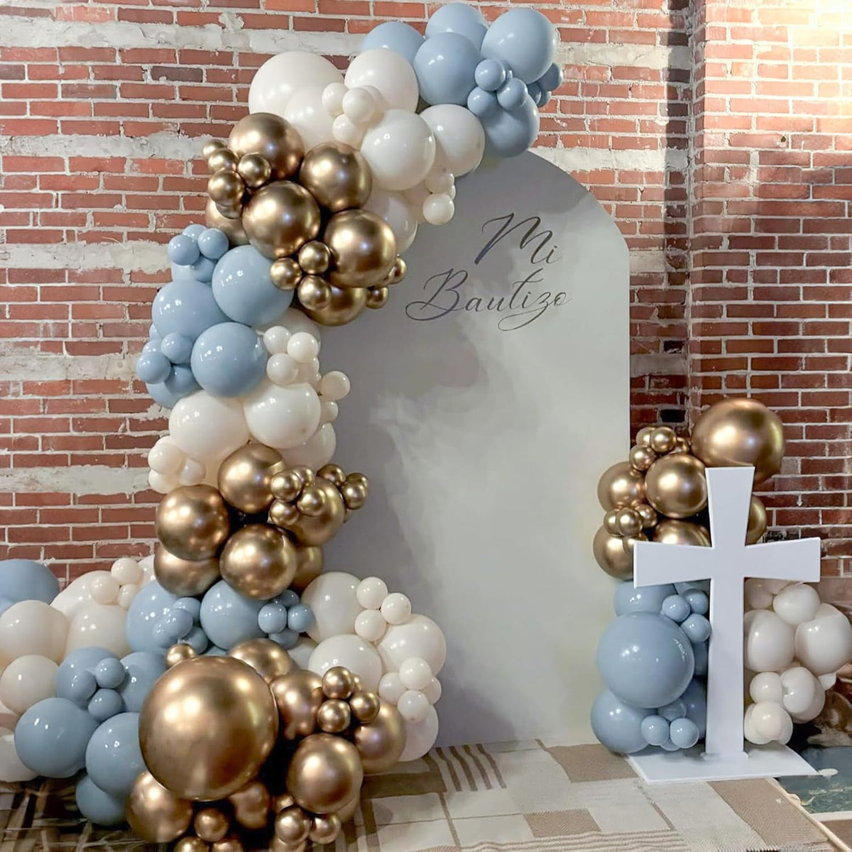 Dusty Blue Beige Balloons, 12 Inch Fog Blue Sand White Balloons with Cream Ivory Metallic Gold