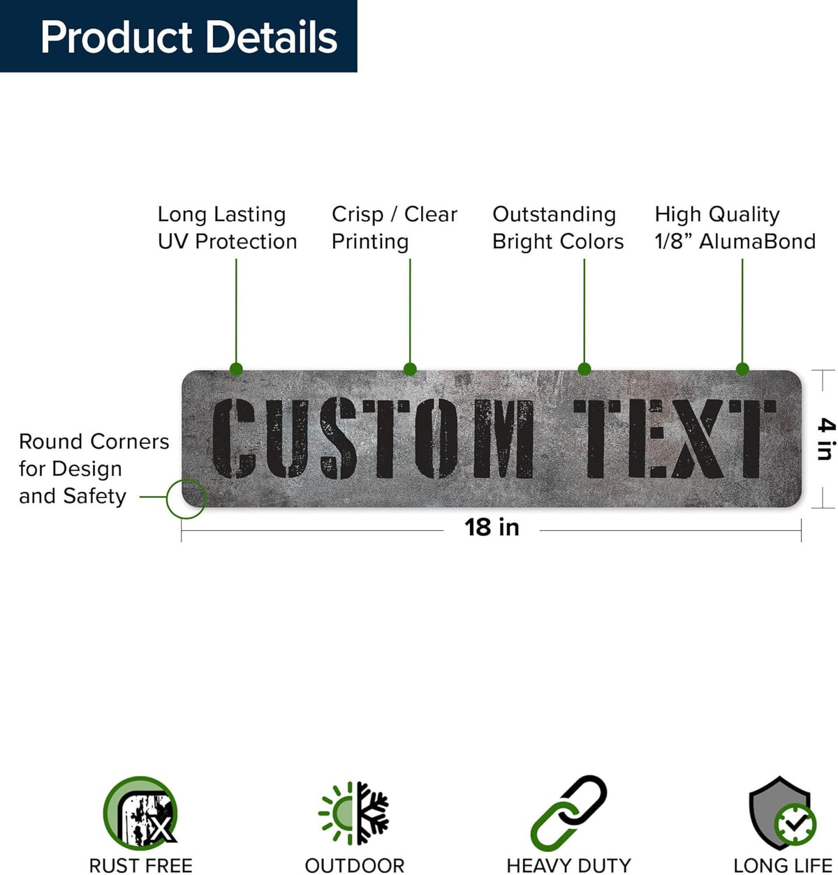 Custom Sign, Custom Street Sign, 11 Font Colors, 13 Font Styles, 4 Hole Options, 22 Sizes, 4x18