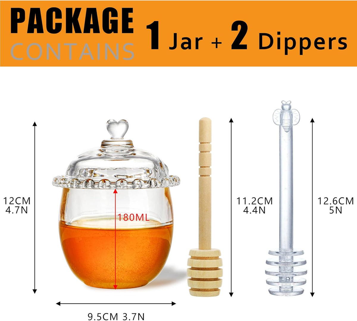 Kanpura Glass Honey Jar with Dipper and Lid, 6oz Crystal Honey Dispenser, Containers for Home
