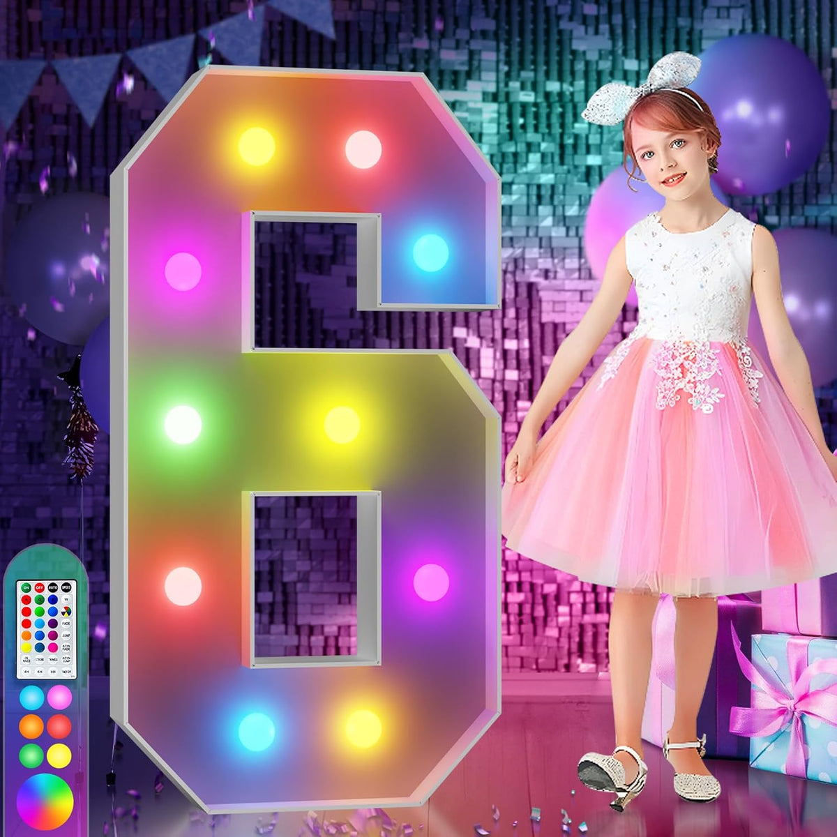 imprsv 4FT Colorful Marquee Numbers,18 Colors Number 6 with Remote, Light Up Numbers Sign for 60th