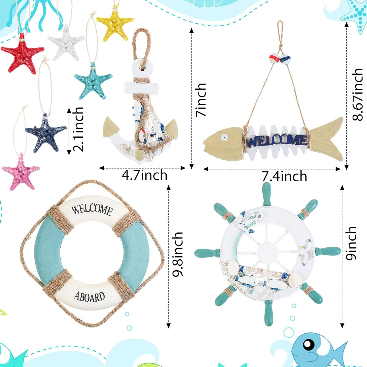 11 Pcs Wooden Nautical Wall Decor Fishing Net Decorations, Include Decorative Fishing Net, Ship