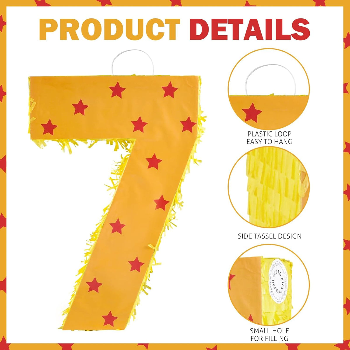 Orange and Red Star Number 7 Pinata, 16 Inch Piñata for 7th Birthday Party Decorations with Stick