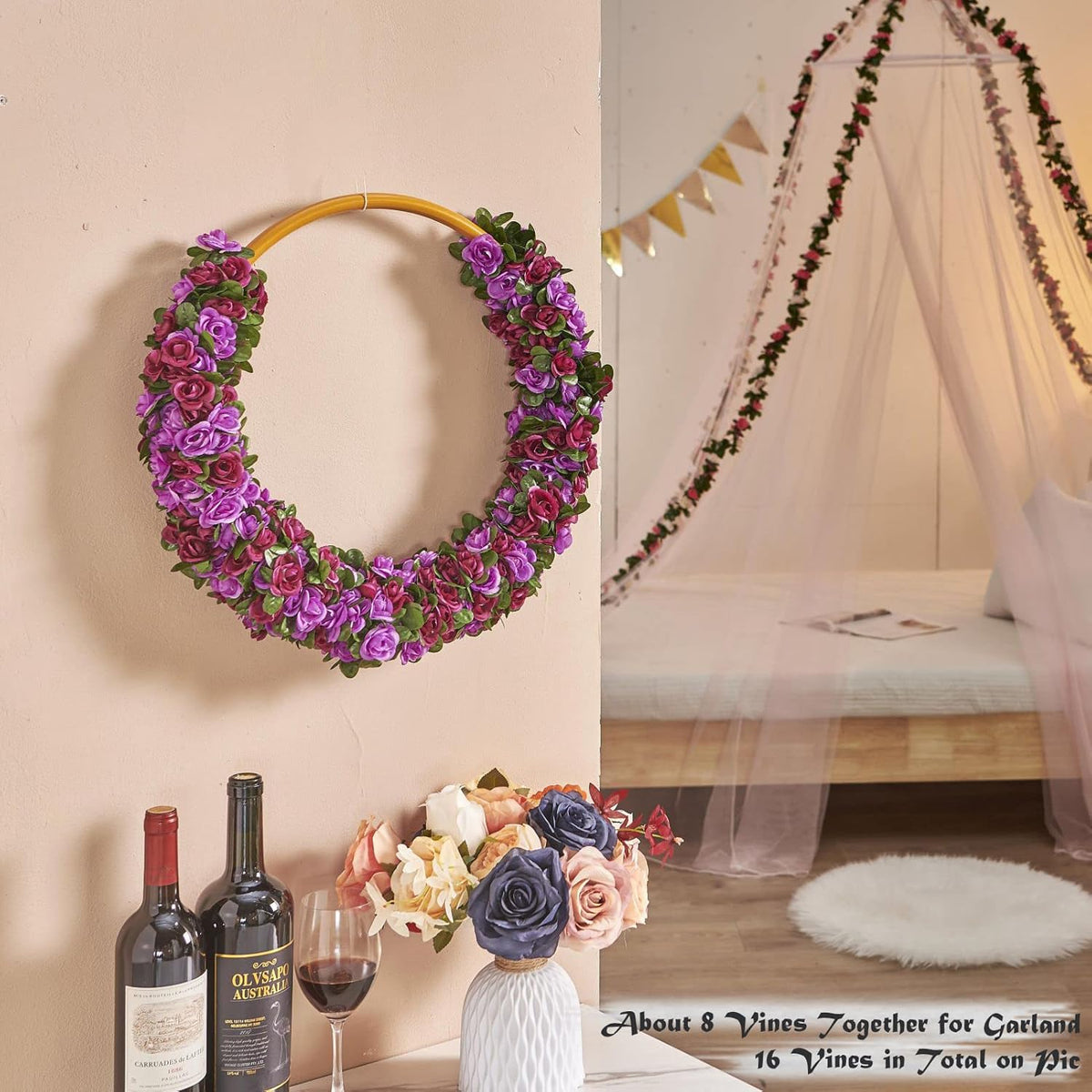 6 Pcs x 8.2 ft Flower Garland Artificial Rose Vine Flowers with Green Leaves Hanging Fake Roses