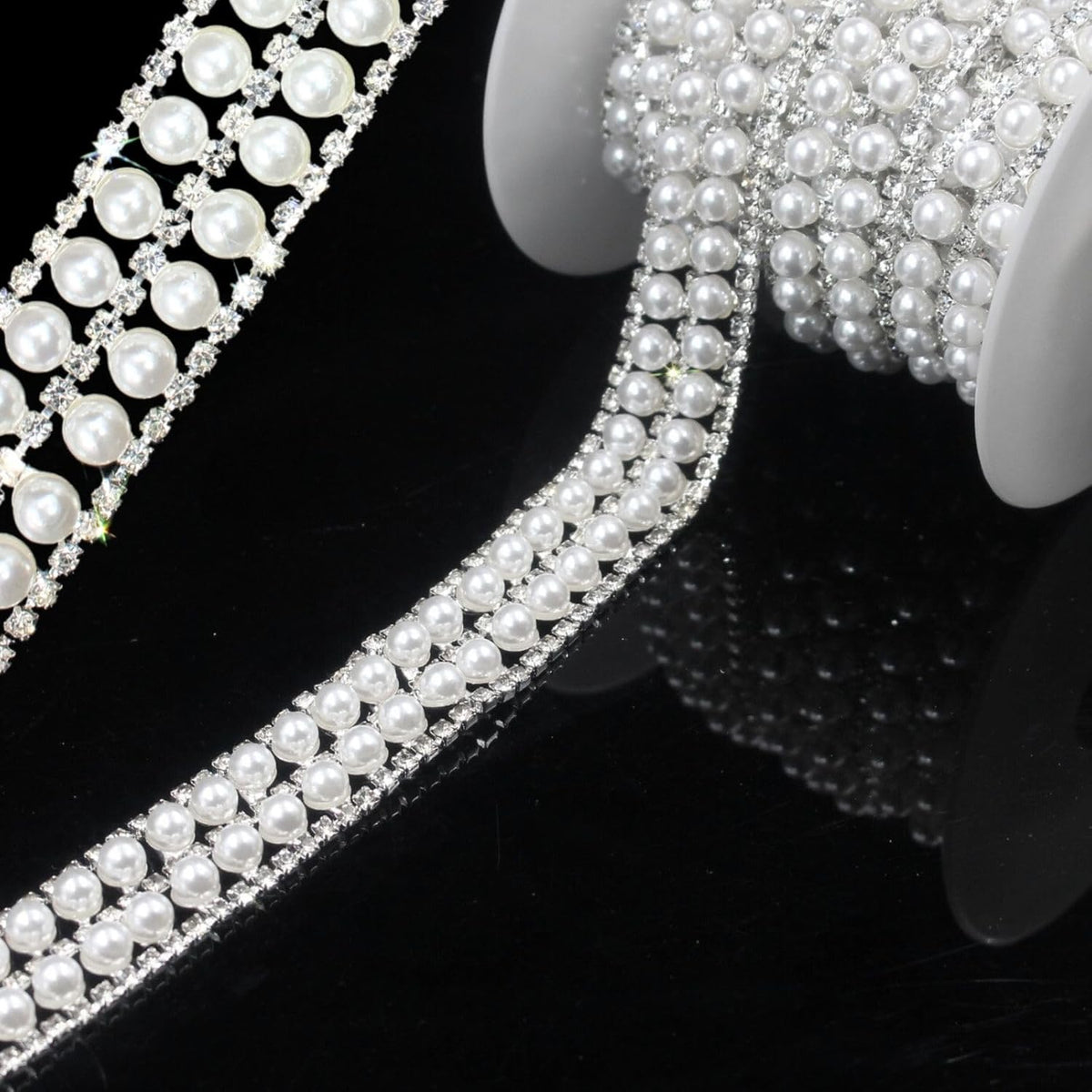 PEARLY JUN 2 Yards Pearl Rhinestone Trim Chain Silver Crystal Fringe Diamond Applique Ribbon String