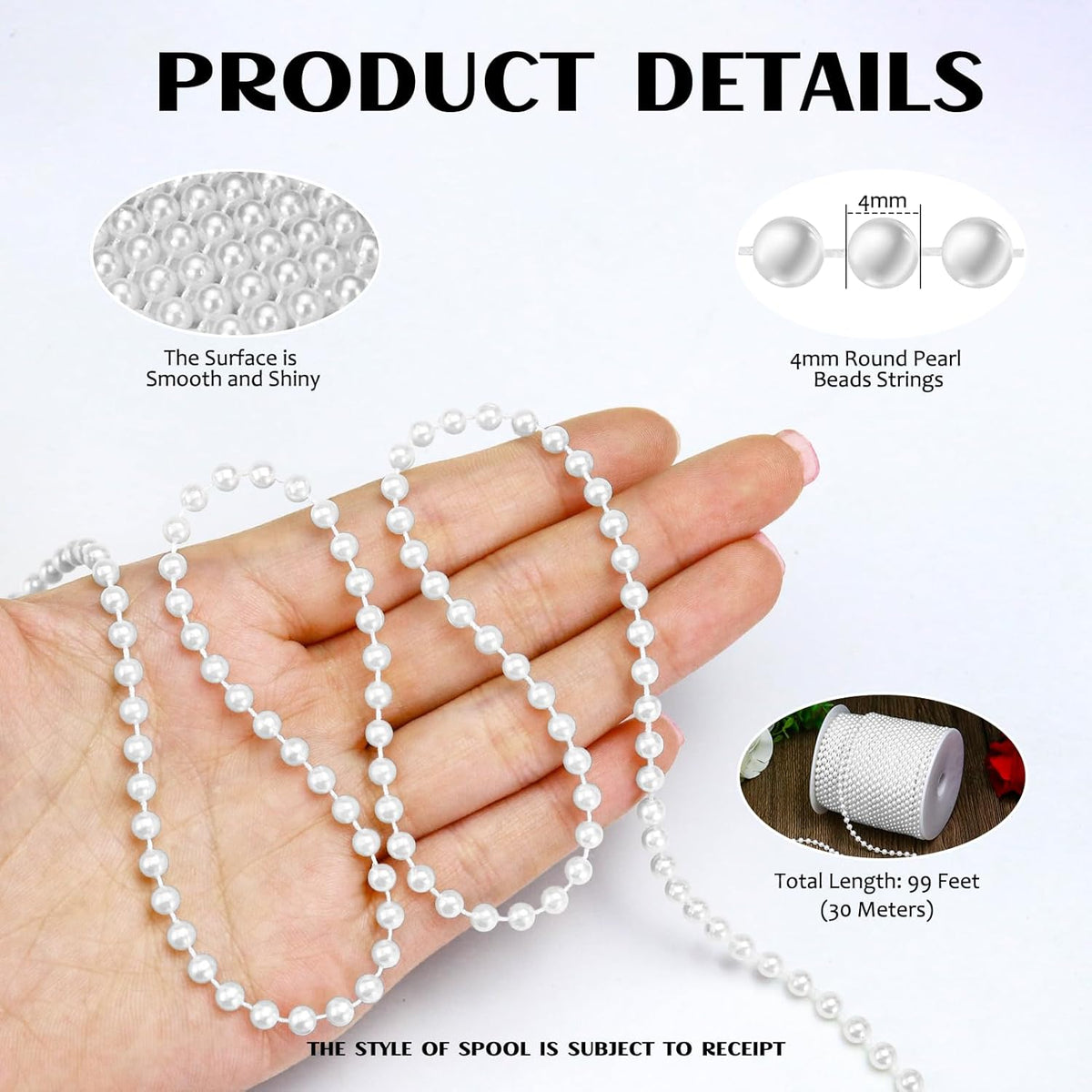 99 Feet 4mm Faux Pearl Strings Garland for Crafts, Artificial Pearl Beaded Trim Chain Strands for