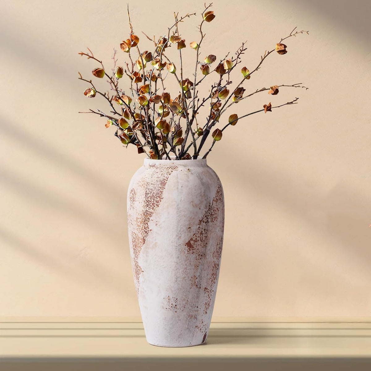 Large Rustic Vase for Flowers,13.8'' White Farmhouse Ceramic Vases for Home Decor, Minimalist