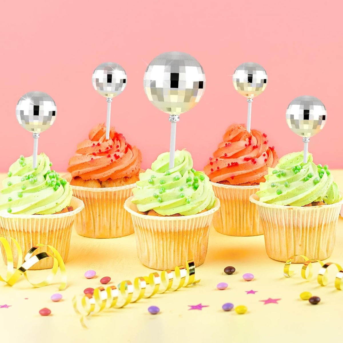 ASTARON 20 Pcs Disco Ball Cake Topper Decorations Sticks Silver Cake Balls Picks Toppers for