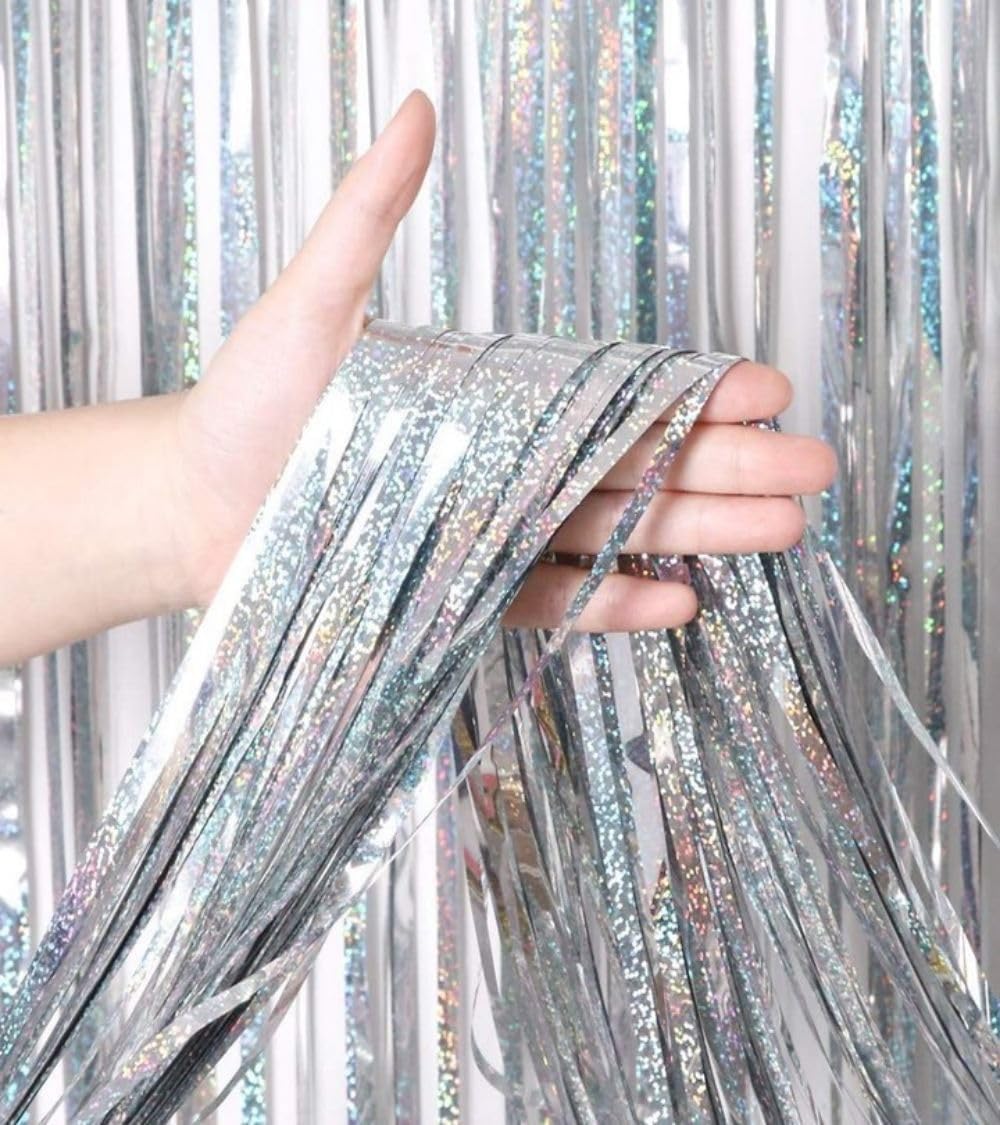 BTSD-home 10 Pack Laser Silver Foil Fringe Curtain Metallic Streamer Party Decorations Photo Booth