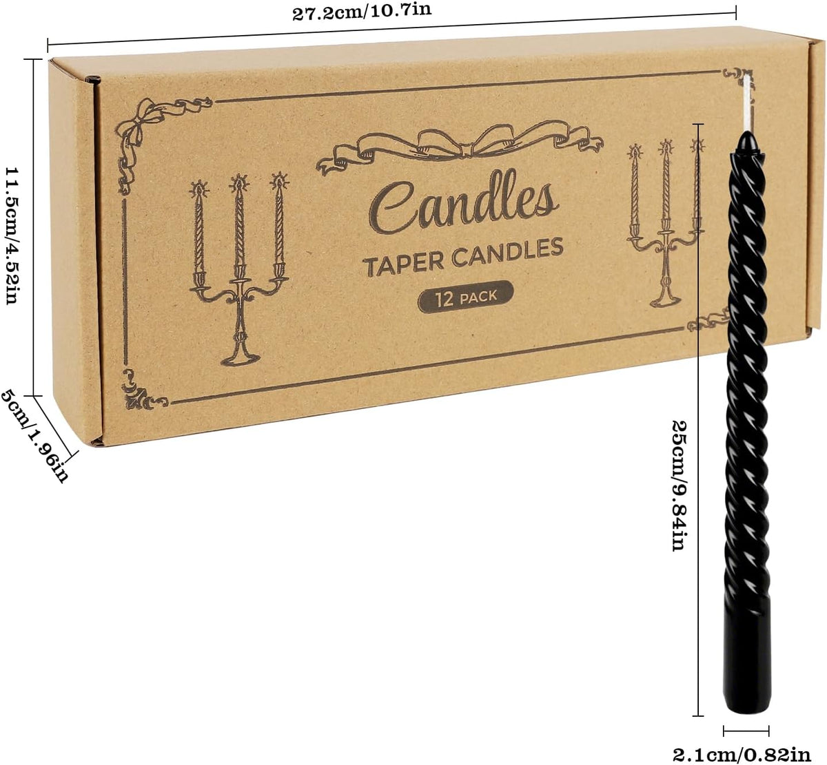 12-Pack 10' Tall Black Spiral Taper Candle Set - Dripless, Smokeless for Halloween&Christmas