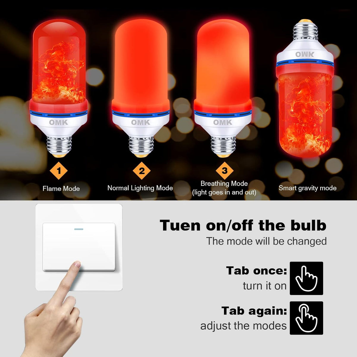 OMK Flame Light Bulb Christmas Decor (4 Pack) Red Color Led Flickering Fire Simulated Lamps 3W