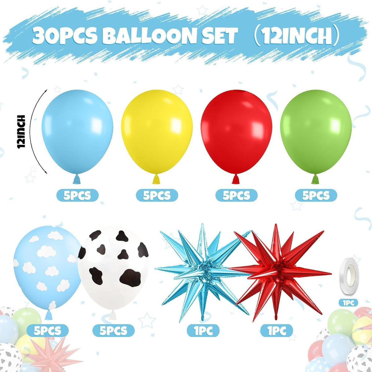 Red Blue Yellow Balloons, 12 Inch Cow Pattern Cloud Light Blue Yellow Red Fruit Green Balloons with