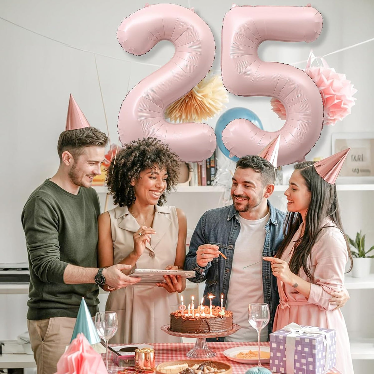 Pastel Pink 25 Balloon Number for Girls, 40'' Self Inflating Number 25 Balloons, Big Light Blush