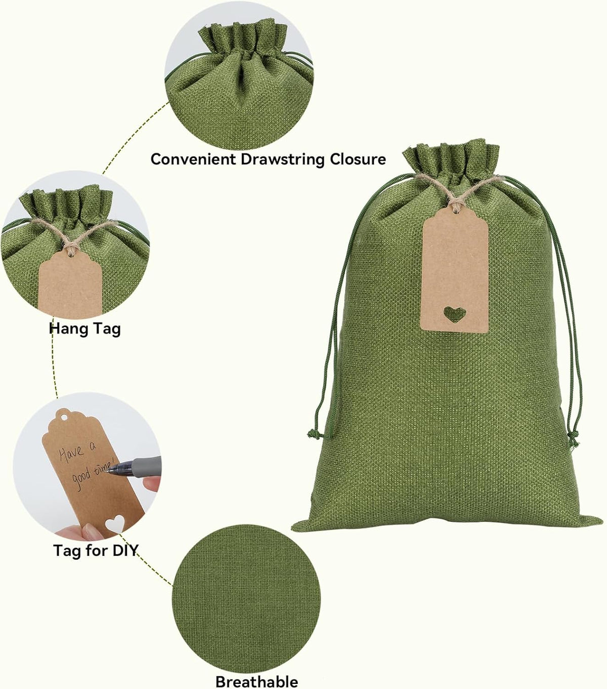 Tapleap Burlap Bags with Drawstring - 10Pcs 8x12 Green Gift Sacks for Wrapping Halloween Favors
