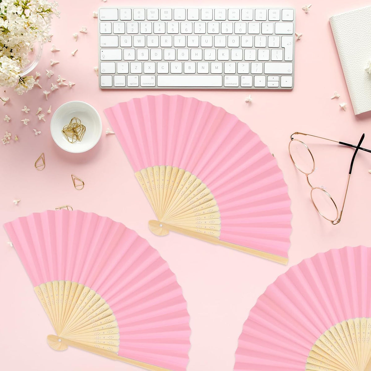 6 Pieces Pink Hand Held Bamboo Folding Fans Foldable Paper Fans Handheld for Women Girls Wedding