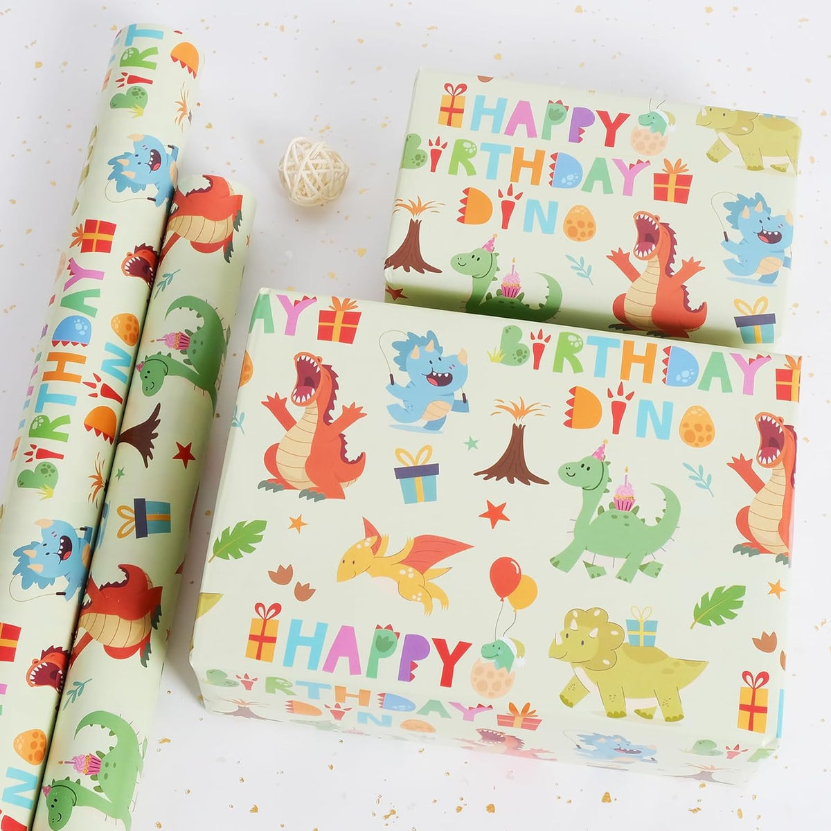 Aimyoo Dinosaur Birthday Wrapping Paper Roll - 17 Inch X 32.8 Feet - Green Happy Birthday Dino