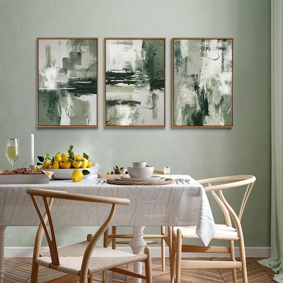 myusuar 3 Piece Large Modern Abstract Canvas Framed Wall Art For Living Room, Sage Green Minimalist