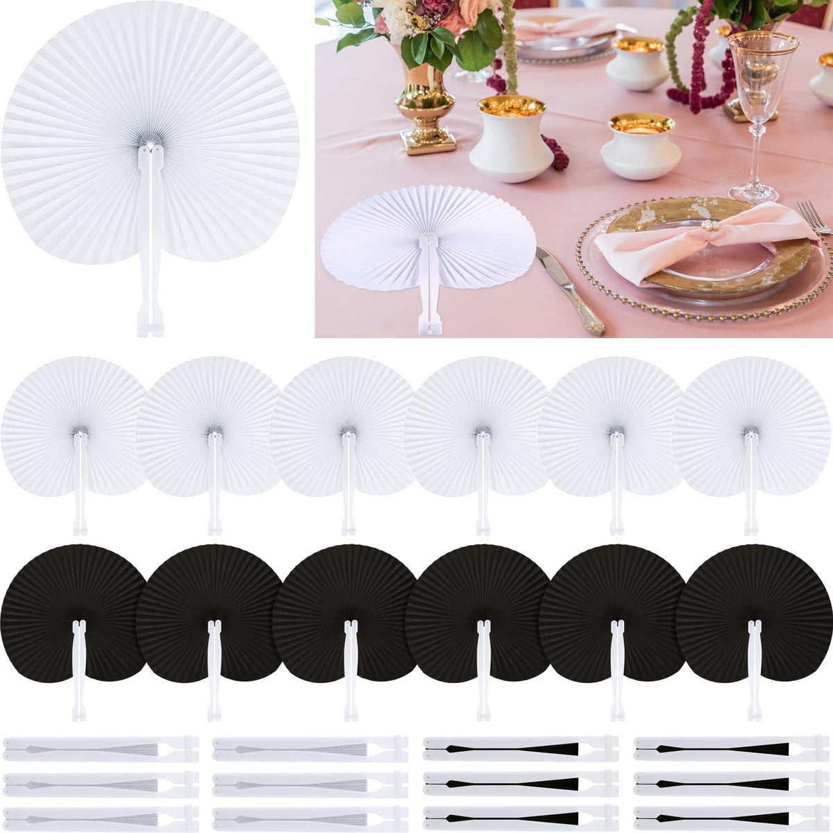 Pangda 24 Pack Folding Fans Round Paper Fans Assortment with Plastic Handle for Wedding Favor Party