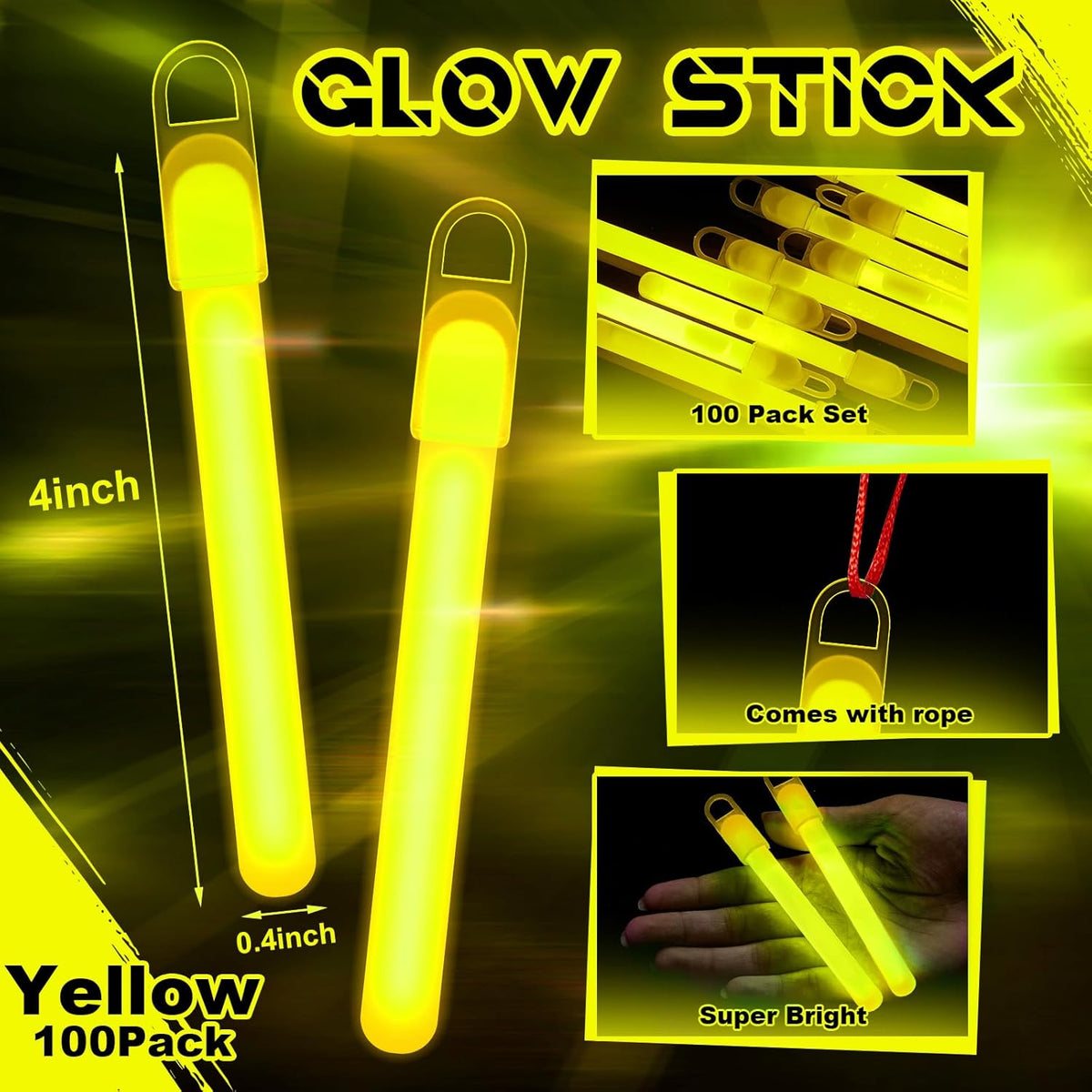 Lewtemi 4" or 6" 100 Pack Bright Glow Sticks Bulk, Glow in The Dark Party Supplies Birthday and