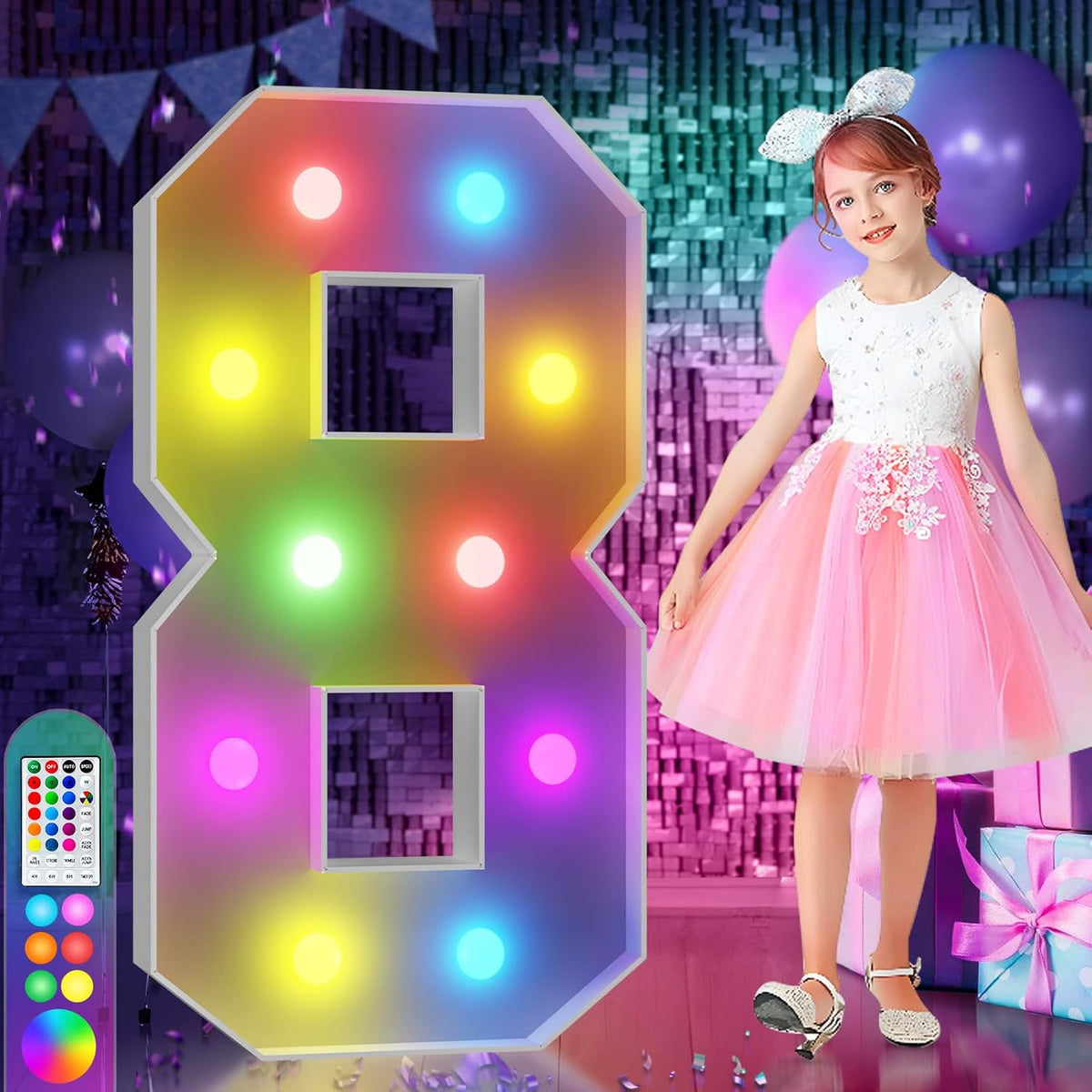 imprsv 4FT Colorful Marquee Numbers,18 Colors Number 8 with Remote, Light Up Sign for 8th Birthday