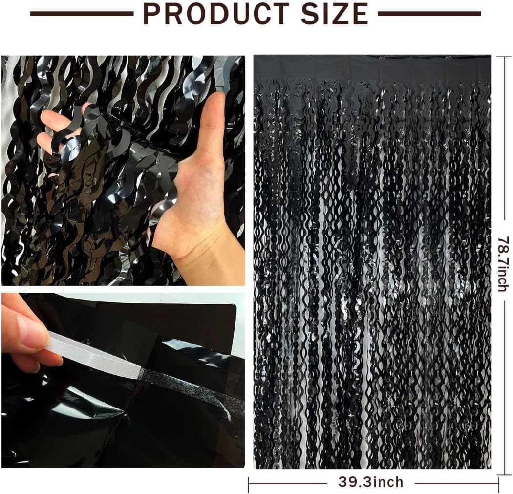 Black Backdrop for Party Decorations, Wave Foil Fringe Curtain Tinsel Photo Backdrop Black