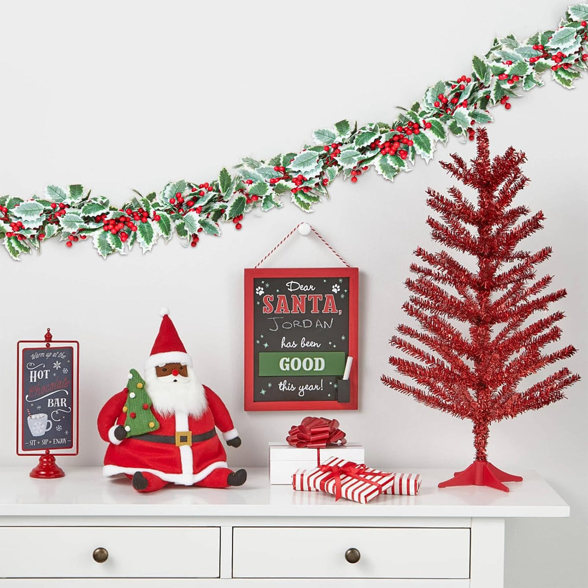 MAKHOT 6Ft Eucalyptus Garland, Green Leaves Wreath Vines Garlands Decorations, Artificial Red Berry