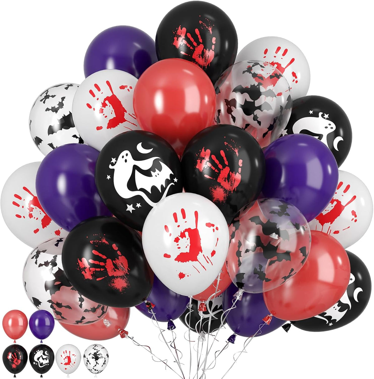Paready Halloween Balloons, 50pcs Black Purple Red Balloons, Black White Bloody Handprint Balloon