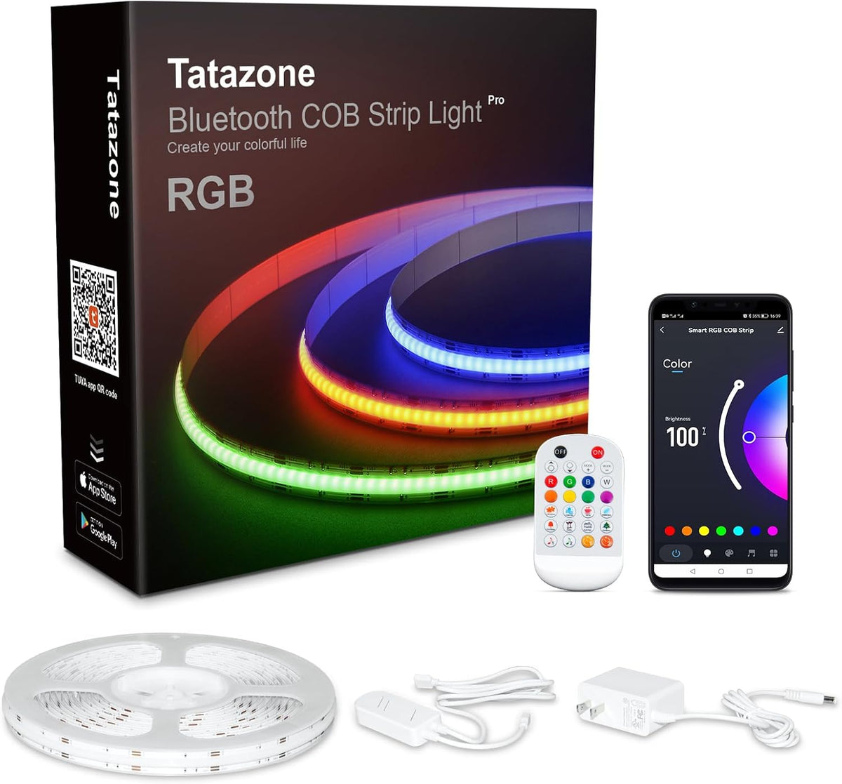 32.8ft Bluetooth RGB COB Led Strip Lights with Remote, Dimmable Smart App Led COB Light Strip