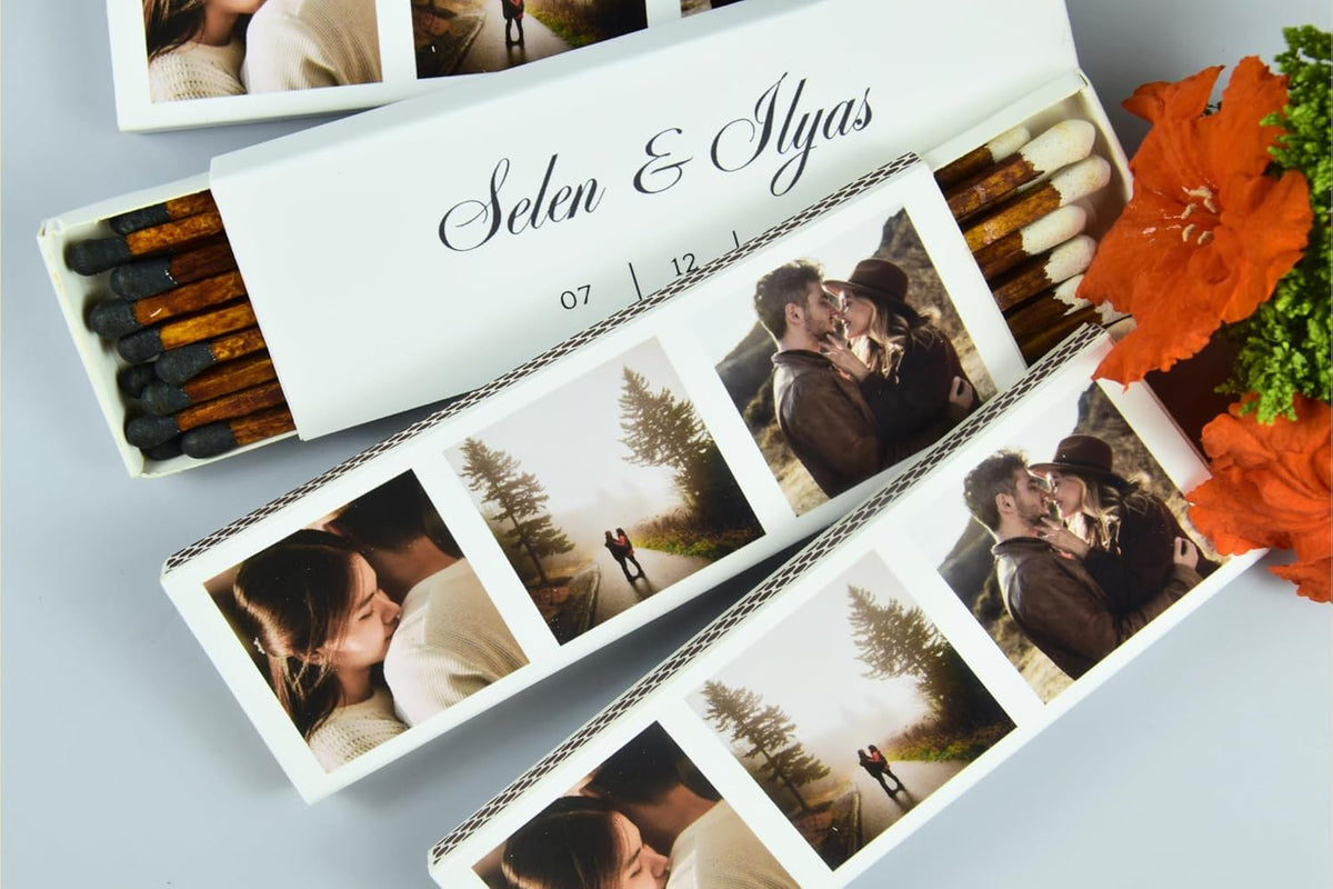 10 Boxes - Customized Matchboxes Colorful Tips (Wedding Design #5, 4" Matchboxes) (4" Matchsticks
