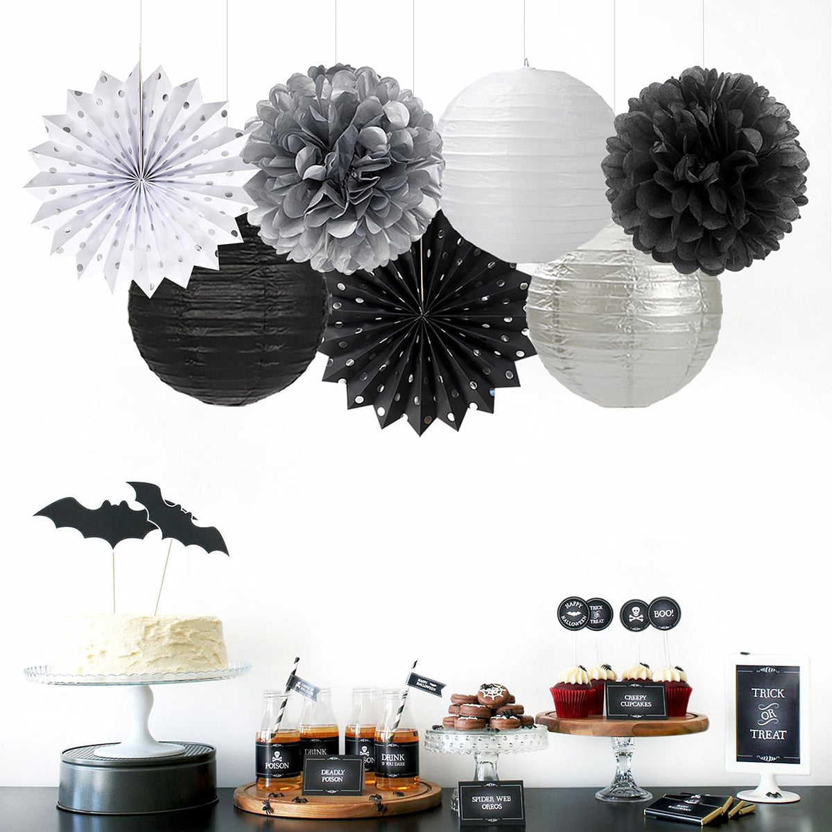 Black White Silver Party Decorations - 20pcs New Year Men Birthday Paper Lanterns Fans,Tissue Pom