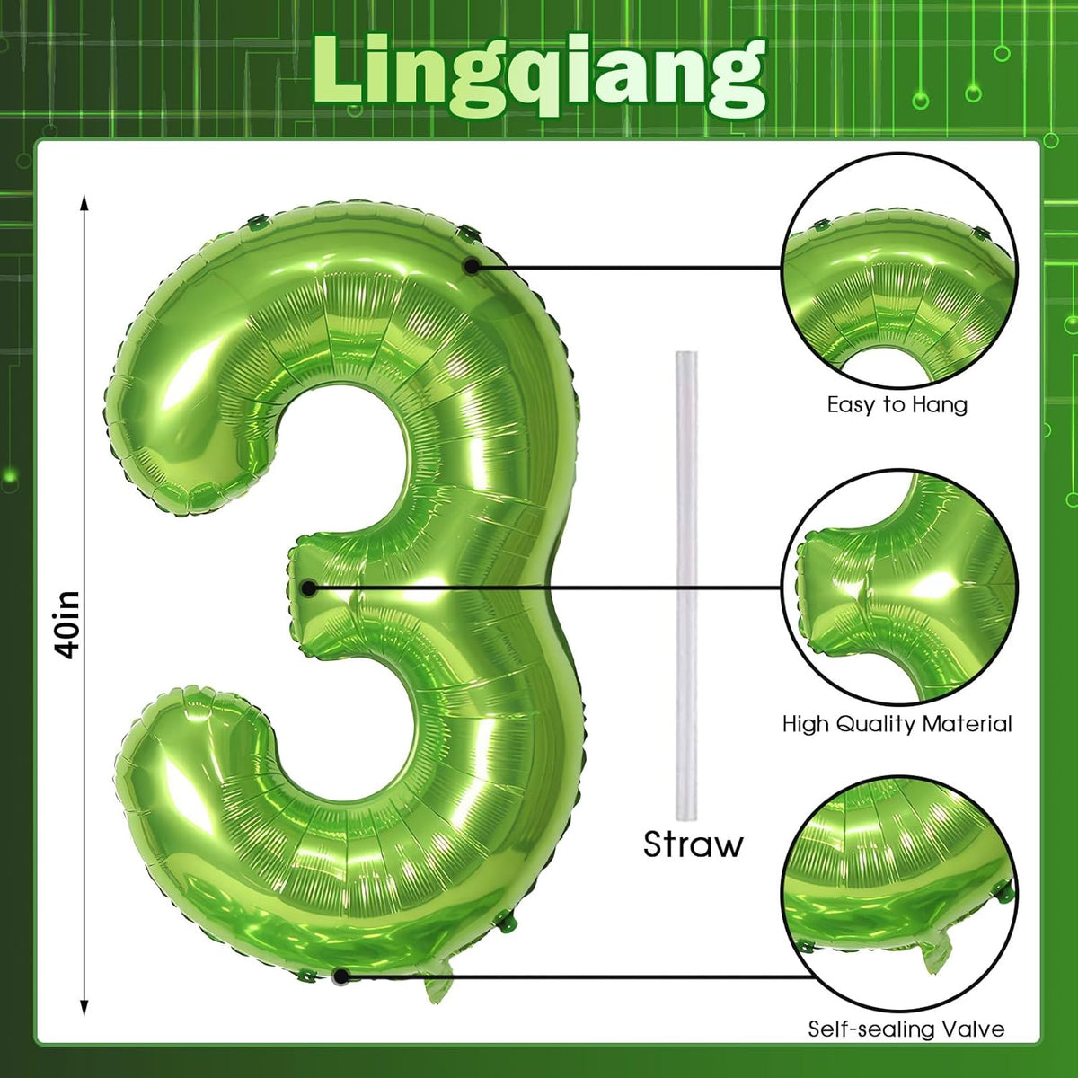 40 Inch Green Large Numbers Balloons 3, Self Inflating Digit 3 Helium Balloons for 3rd Boys Girls