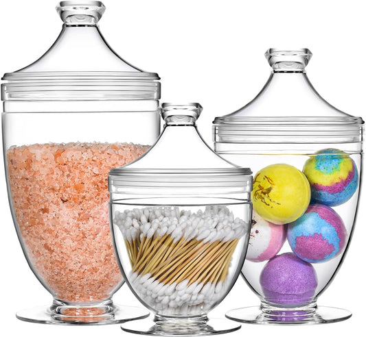 Acrylic Apothecary Jars with Lids, 3-Piece Vanity Organizer Canisters, Storage Container Jars for