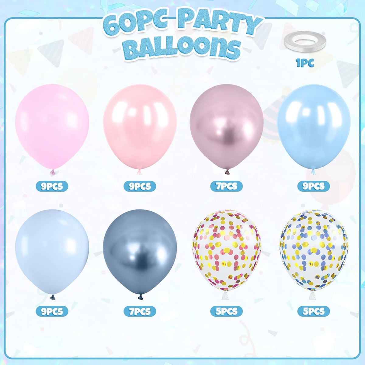 Pink and Blue Balloons, 60pcs Pearl Metallic Blue Pink Balloon With Two Types Confetti Balloons For