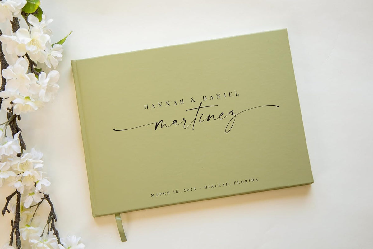 Personalized Guest Book - 11.5" x 8.5" Custom Bride & Groom Names with Bookmark and Hard Cover 140