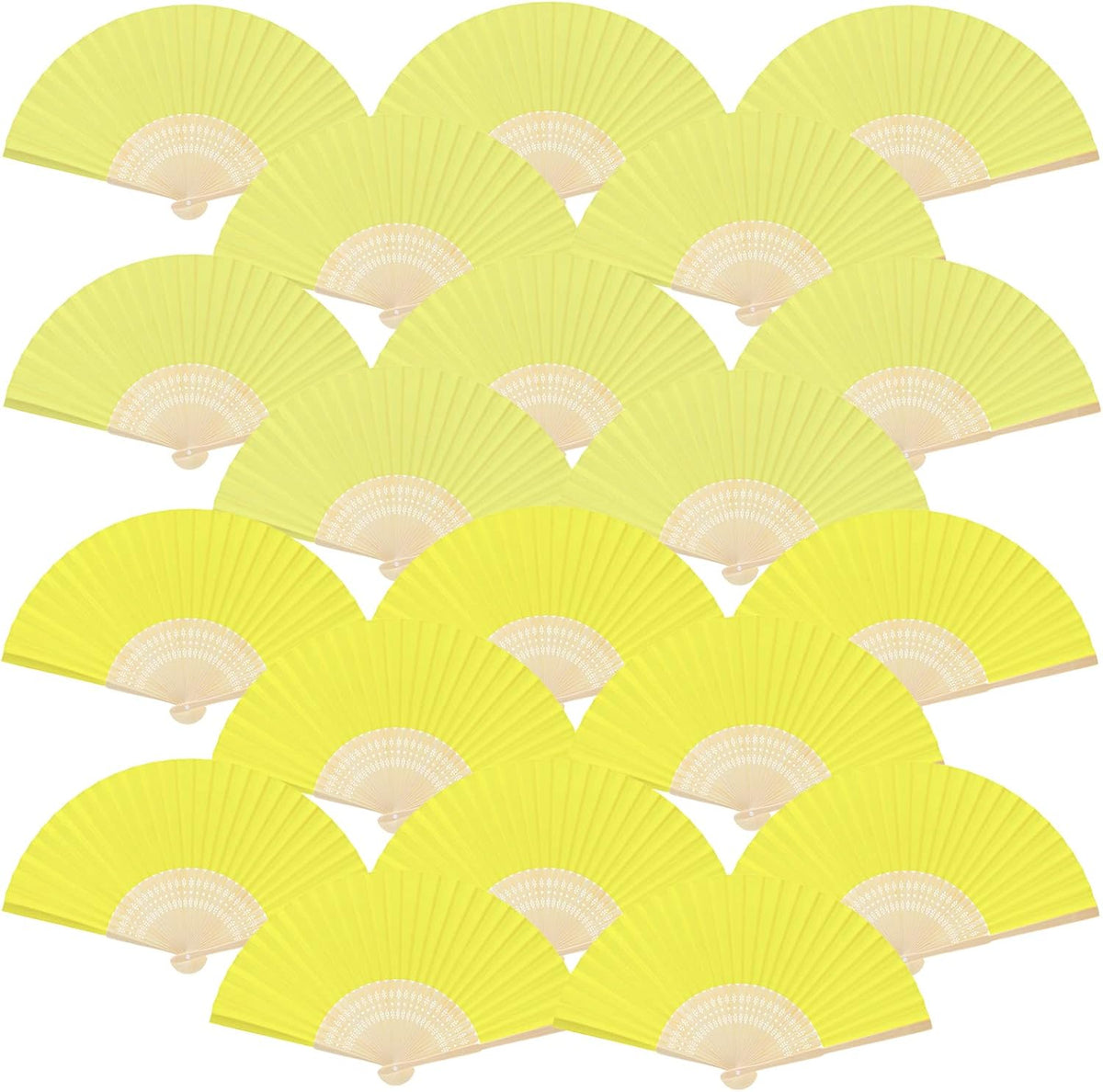 FEPITO 20 Pieces Handheld Yellow Paper Fan Paper Folding Fans with Bamboos for Wedding Gift, Party