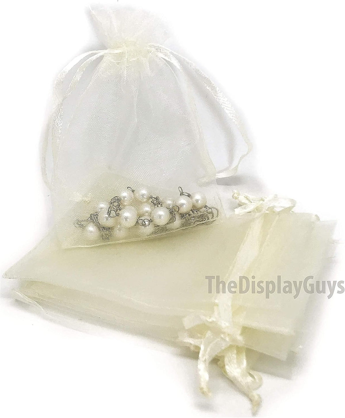 TheDisplayGuys 48-Pack 2" x 2-3/4" Cream/Beige Sheer Organza Gift Bags with Drawstring, Jewelry