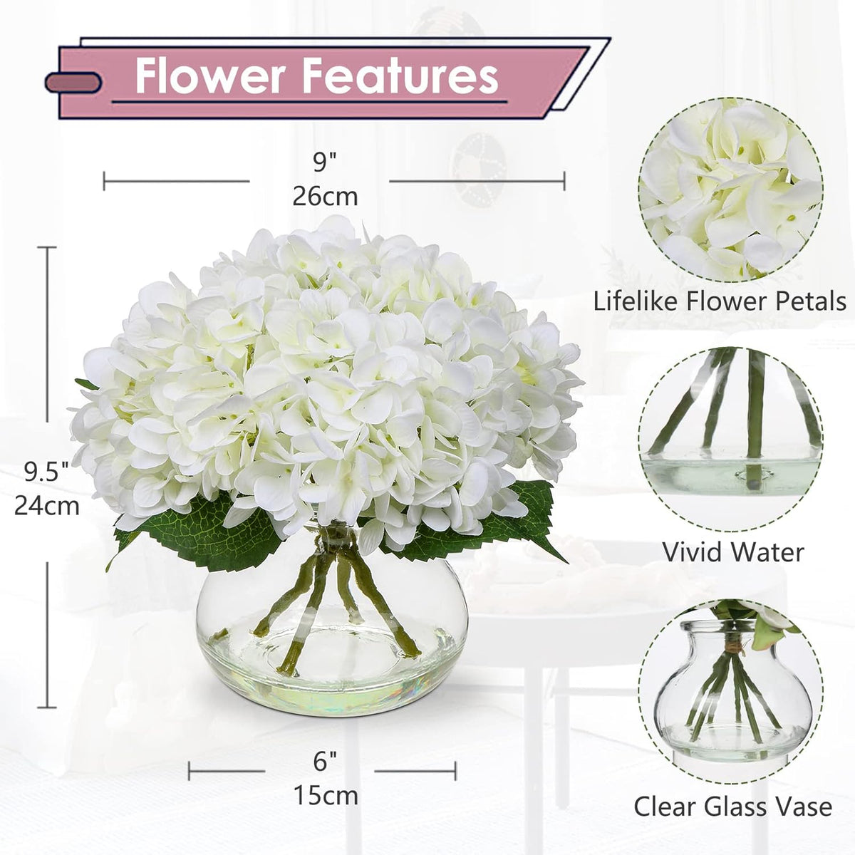 Hollyone Hydrangea Artificial Flowers with Vase White Silk Fake Flowers Arrangements in Glass Vase