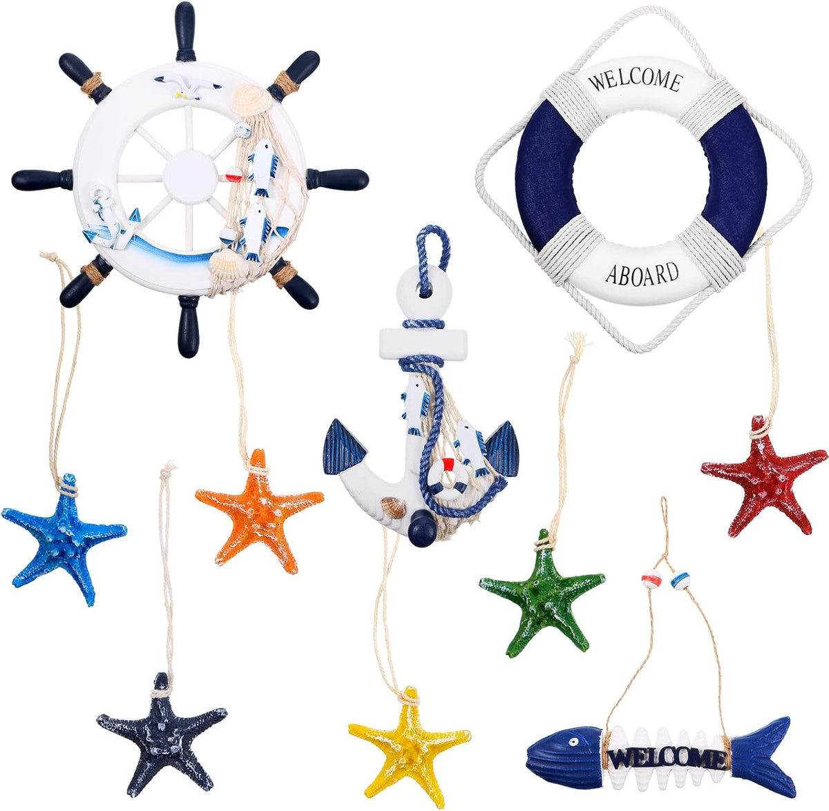 Marsui 11 Pcs Wooden Nautical Wall Decor Fishing Net Decorations, Include Decorative Fishing Net
