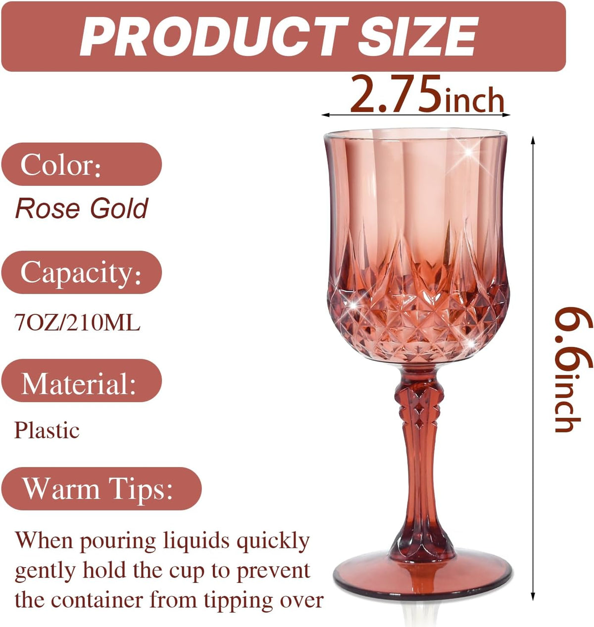 24 Pcs Plastic Rose Gold Stemmed Wine Glasses, 7oz, Unbreakable, BPA-free, Dishwasher Safe, Perfect