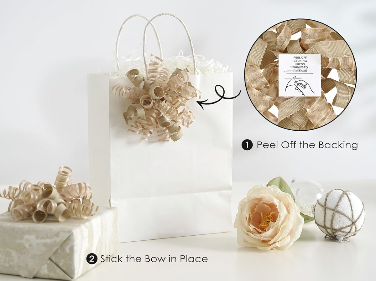 HUIHUANG Curly Bows for Gift Wrapping Champagne Gift Bow 5 inch x 8 Counts Self-Adhesive Ribbon