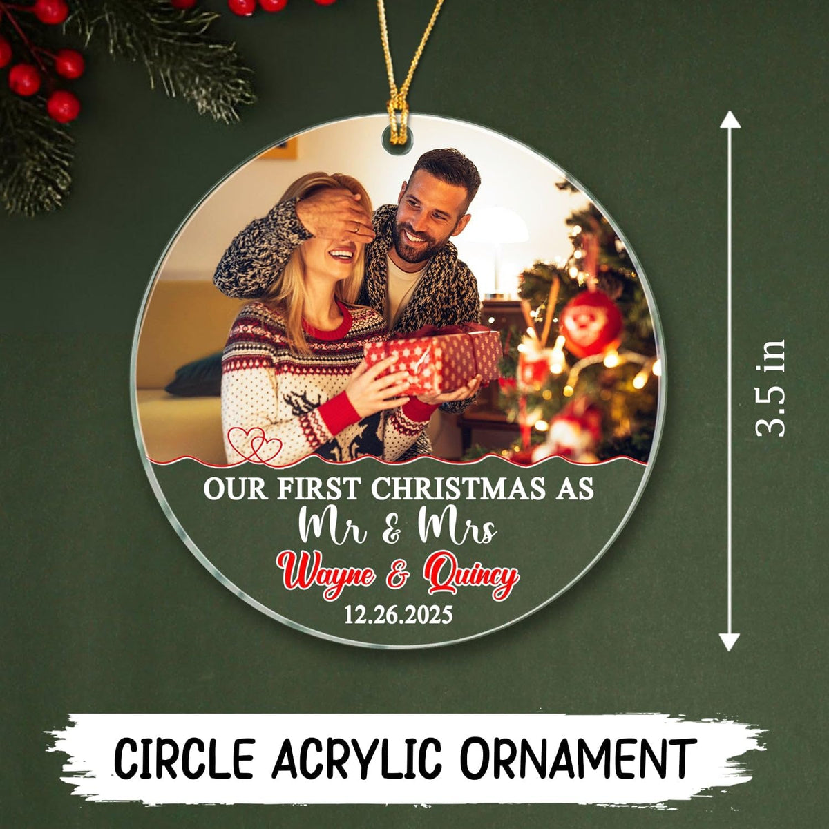 Our First Christmas As Mr & Mrs Ornament 2025, Customized Date Photo Names Mr & Mrs Together