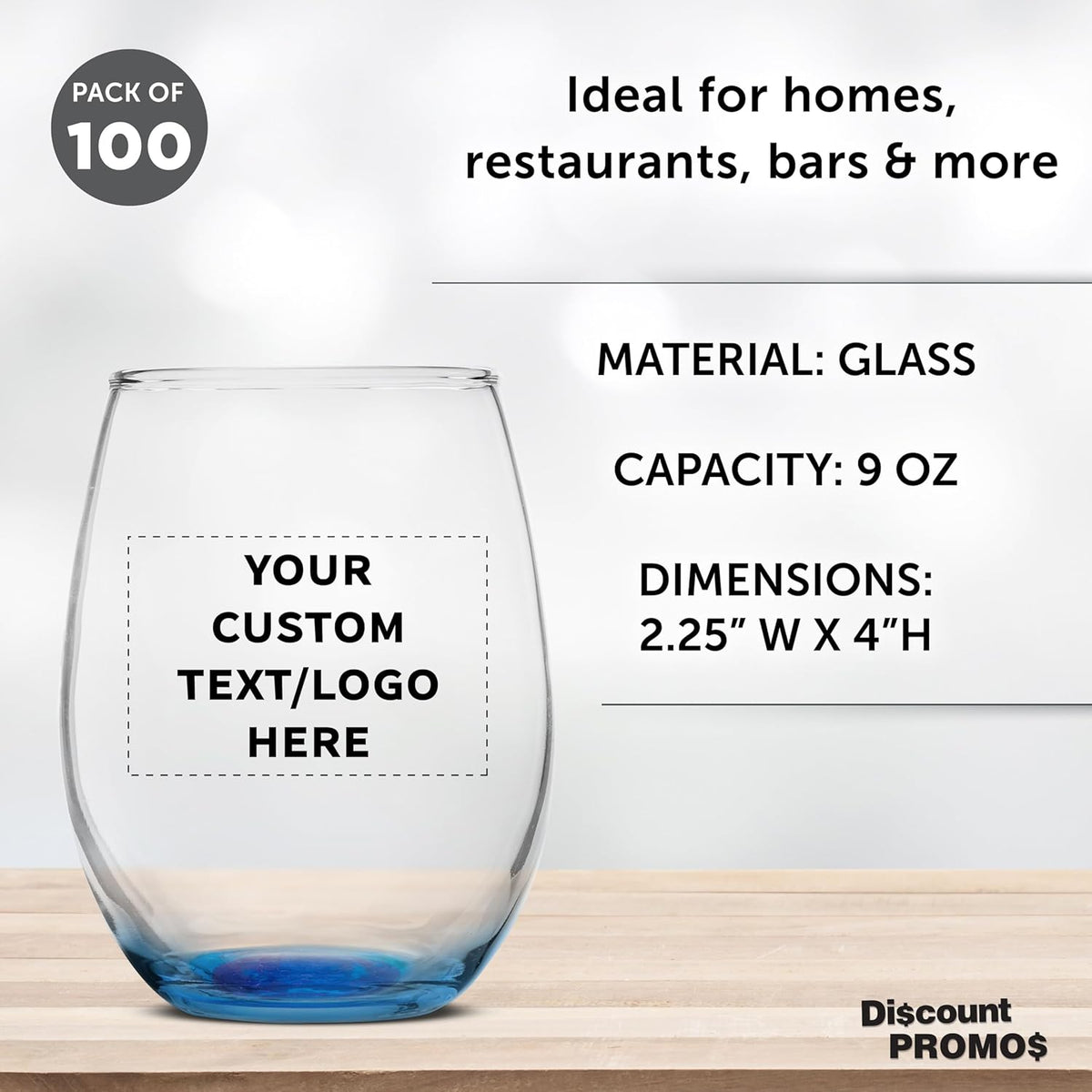 Custom Stemless Wine Glass 9 oz. Set of 100, Personalized Bulk Pack - Great for Wedding Favors