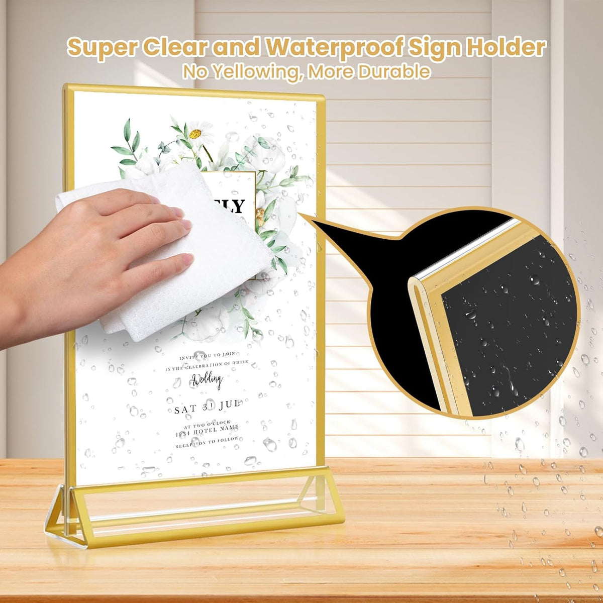 5x7 Gold Acrylic Sign Holder, 12 Pack Wedding Table Number Stands With Vertical Gold Borders