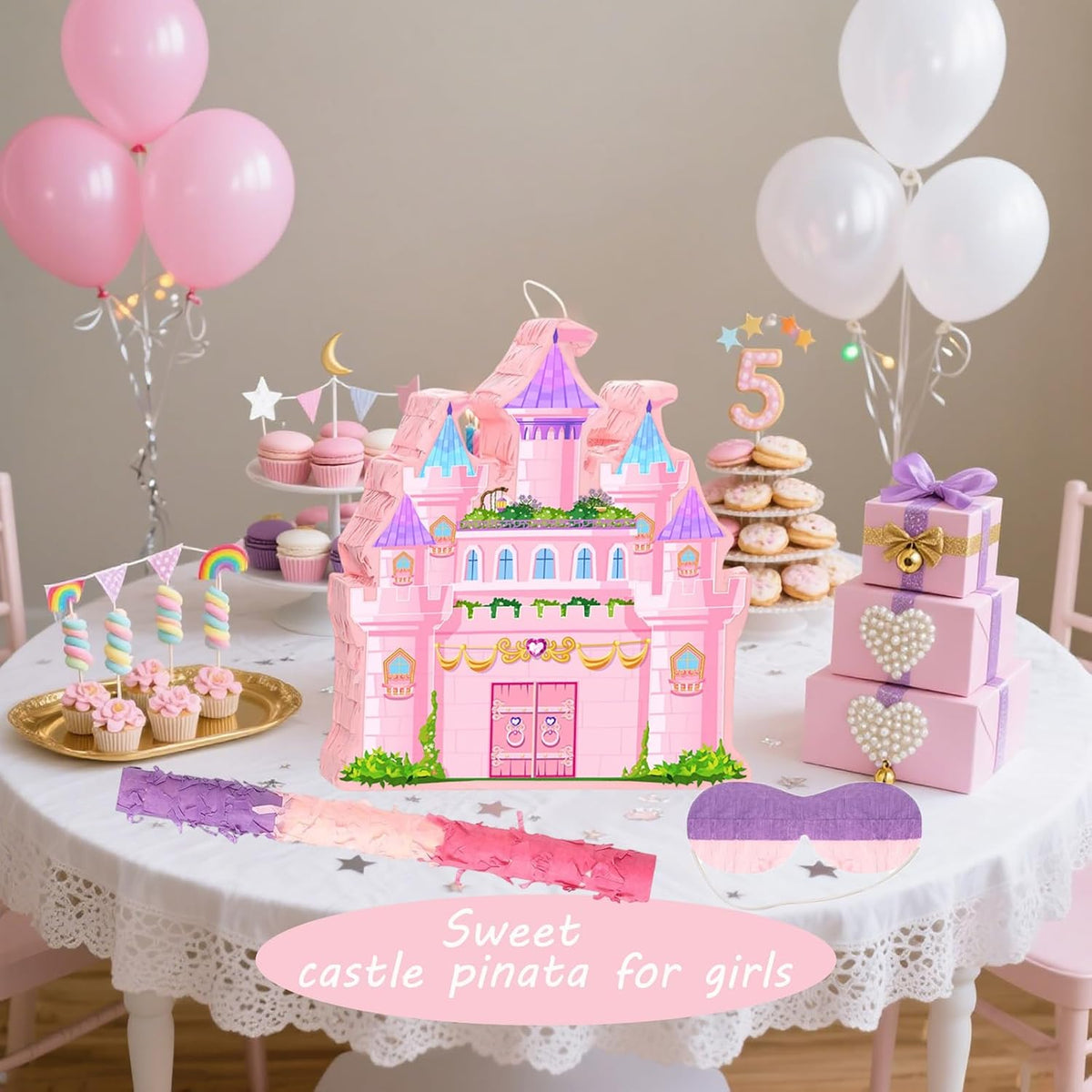 Princess Castle Pinata for Girl Birthday Party Supplies Pink Decorations Fairy Cardboard Castle