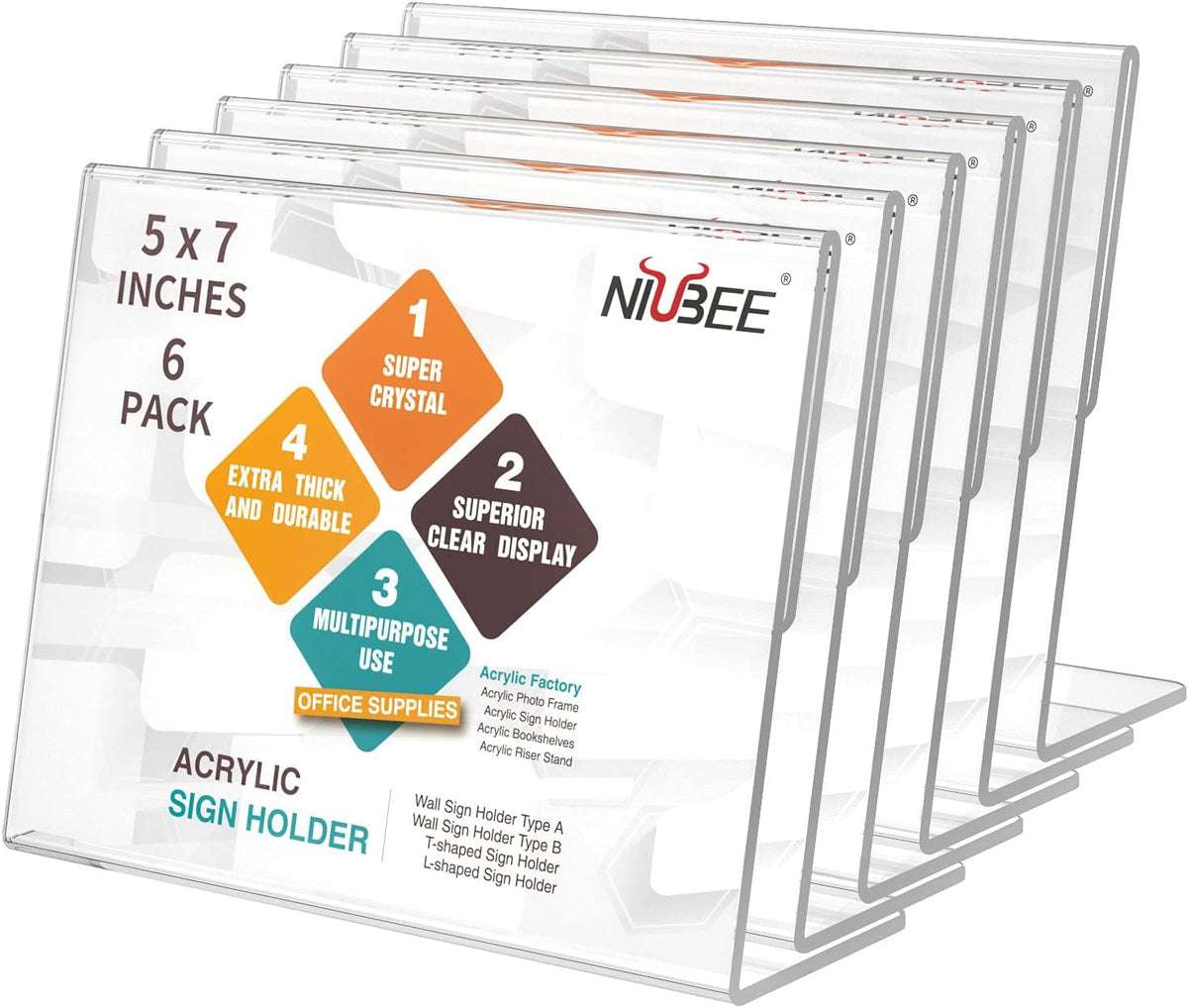 NIUBEE Slanted Back Acrylic Sign Holder 7 x 5 Inches, Clear Plastic Sign Holder Paper Display Table
