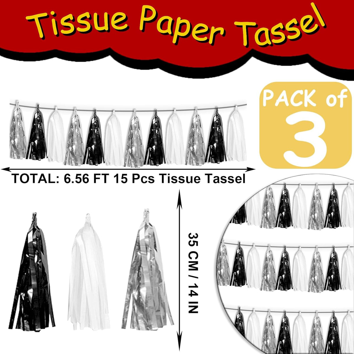 3P Black Silver White Metallic Fringe Tassel Banner Garland Foil Tinsel Streamer Wall Hanging