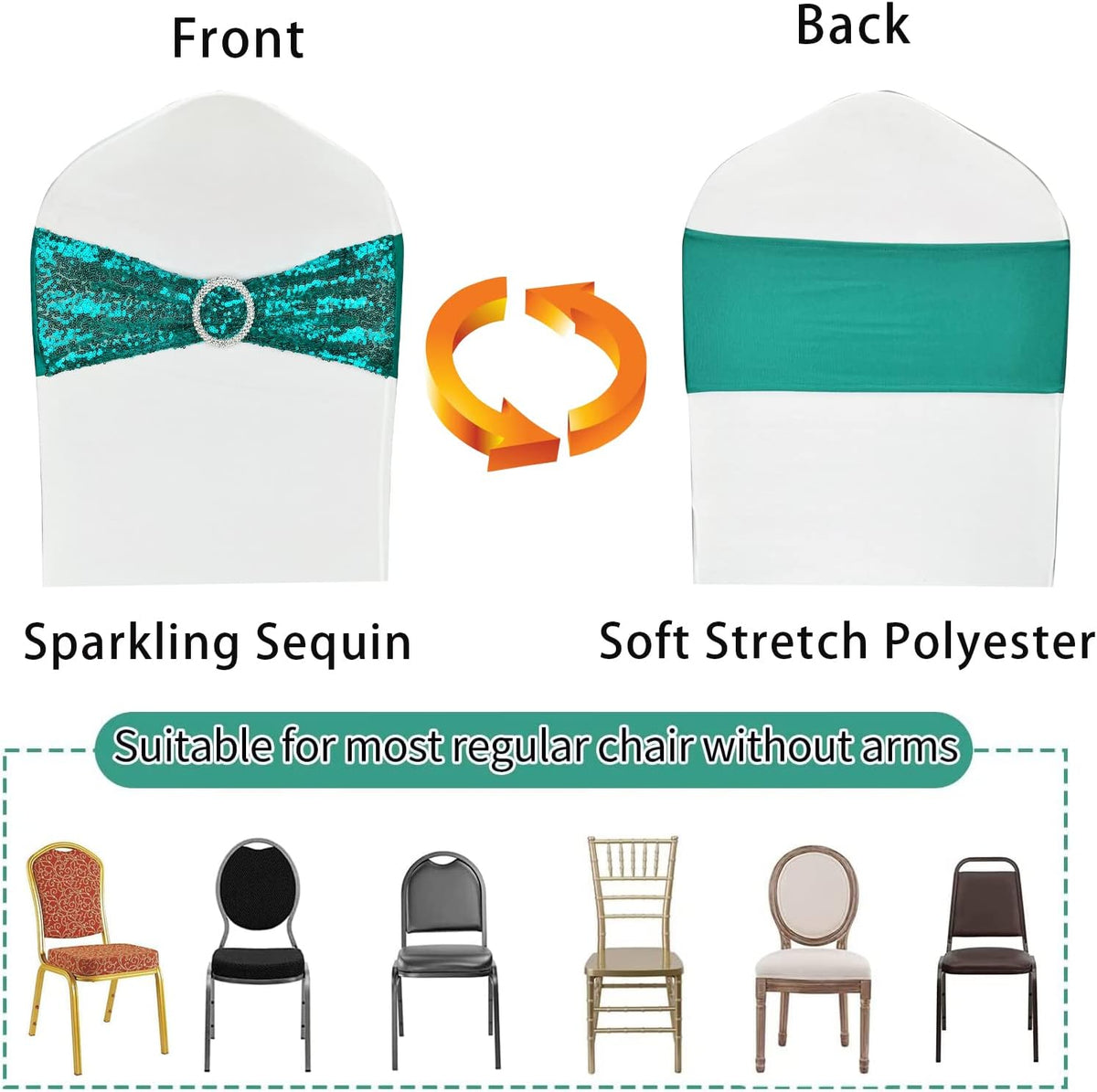 25 Pcs Chair Sashes Sequin Stretch Chair Bands Spandex Polyester Bows for Party Hotel Wedding