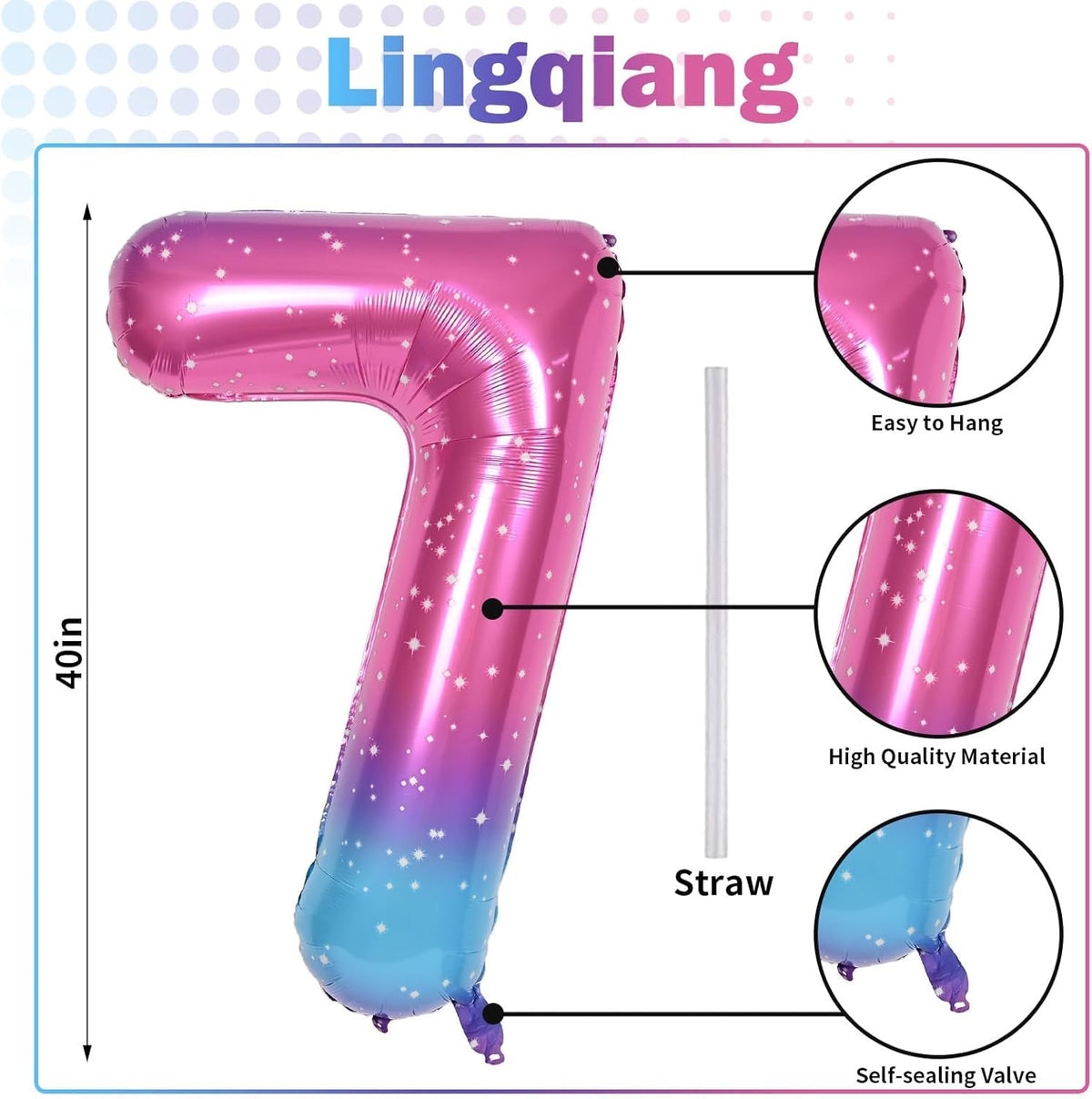 40'' Rainbow Number 7 Balloons, Giant Self Inflating Gradient Blue Pink Foil Number Balloons Set