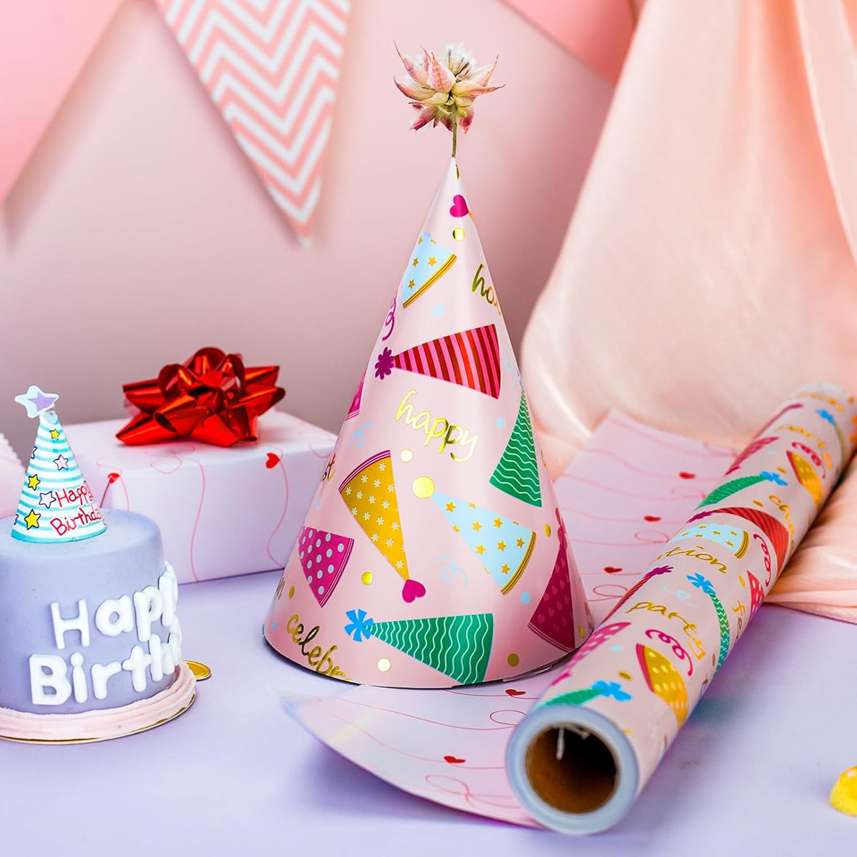 Yarcony Pink Birthday Wrapping Paper for Girl Women, Metallic Foil Girly Party Hat, Bow Design